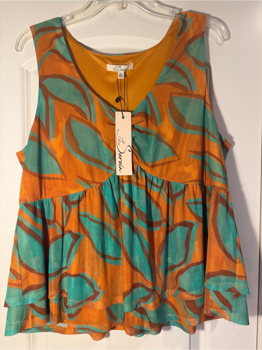 Les Serein Orange, Brown & Green V-Neck Peplum Camisole - Size XL